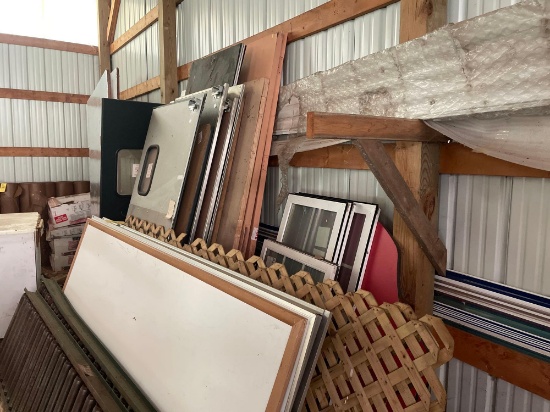 commercial swinging doors, 2 red tables, 3 whiteboards, sheet met, cedar lattice, new windows