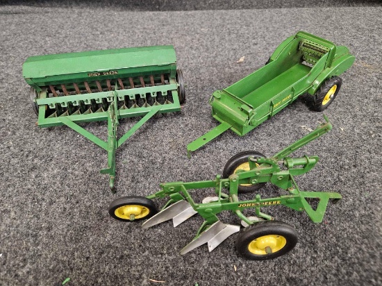Assortment of Vintage John Deere Implements - Plow, Spreader, Drill 1/16