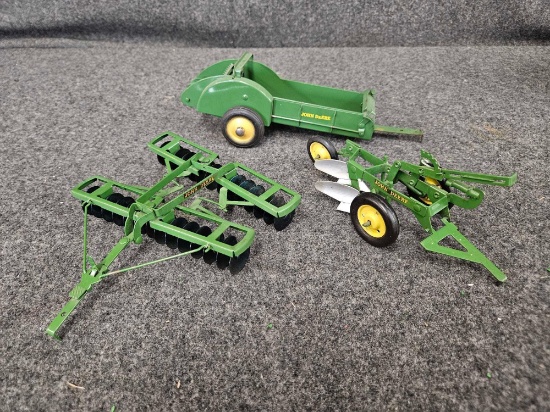 Assortment of Vintage John Deere Implements - Spreader, Plow, Drag Disk 1/16