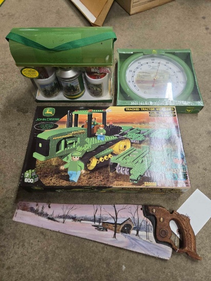 John Deere 9420 Lego set, Clock, Mug set, Painted saw