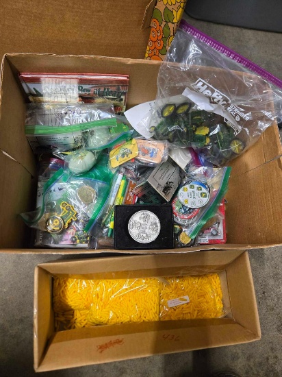 Display Corn, Assorted John Deere items, Pins, Belt Buckle, Pens, and more