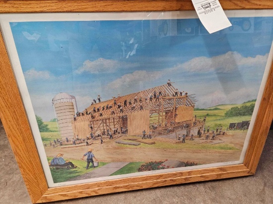 Oak framed barn raising prints, 24x32in, bid x 3