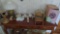 Vintage table lamp, sofa table, and contents
