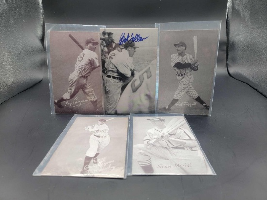 5 Baseball Arcade Cards Bob Feller Auto Musial Dickey +