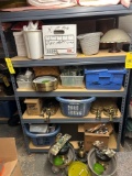 shelf and contents, misc glassware, decorations, fan blades