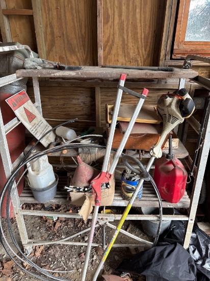 Metal Shelf and Contents, Stihl Trimmer, Pruners, Hardware