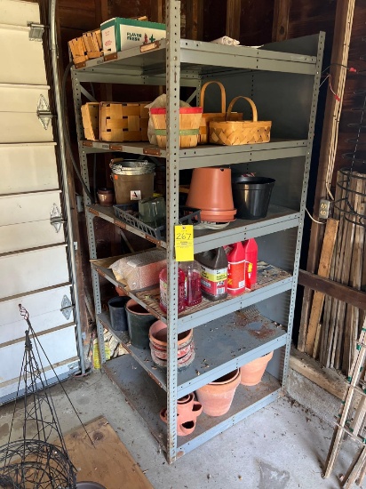 Metal Shelf and Contents, Planters, Buckets, Baskets