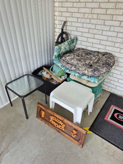 2 Folding Tables, Assortment of Cushions, Small Decor, Stands, & Vacuum