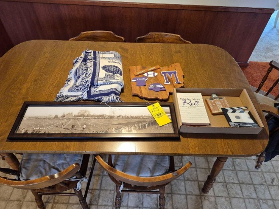 Assortment of Mount Union Wall Art, Blanket, Books, & Small Decor