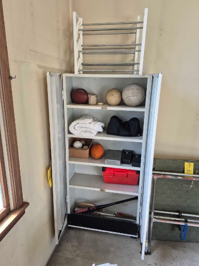 5 Foot Metal Storage Cabinet & Contents - Sports Equipment, Hardware, Electrical Items