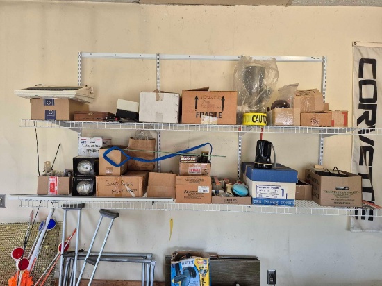 Garage Shelving Contents - Sandpaper, Electrical Hardware, Typewriter, Light Fixtures, & more