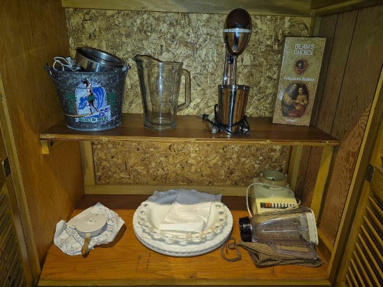 Contents Under Basement Bar - Cups, Glassware, Decanters, Hamilton Beach Blender, & more