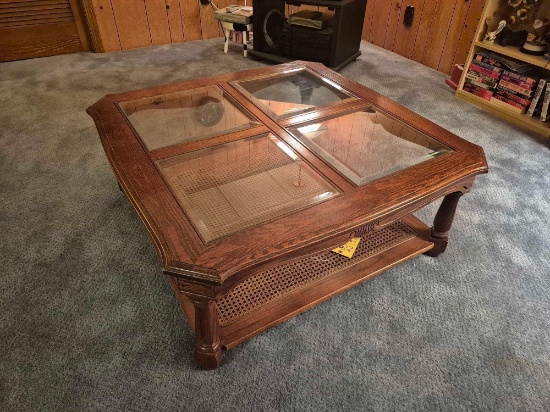 Glass Top Caned Bottom Coffee Table