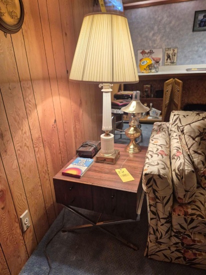 Side Table, Lamp, Oil Lamp, & Contents
