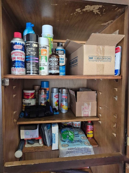 Contents of Garage Cabinet - Paints, Sprays, Jumper Cables, & more