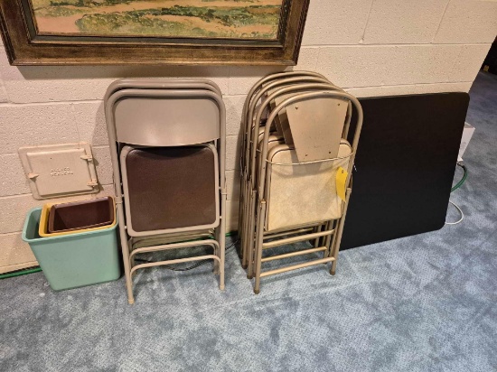 7 Folding Chairs, Card Table, & Plastic Waste Bins