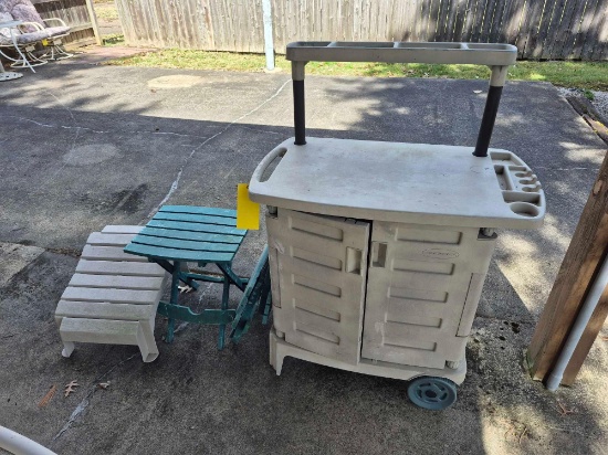 Plastic Outdoor Serving Cart, Stands, & Cart Contents
