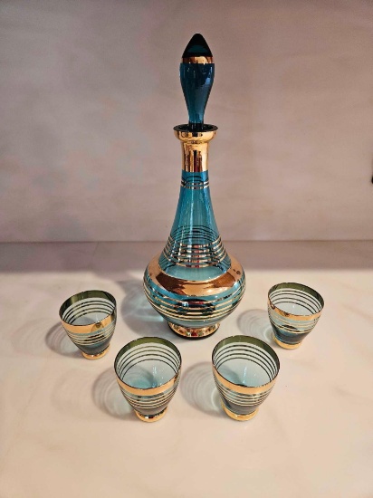 Gold Striped Teal Decanter with Glasses