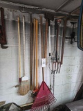 Yard tools, ax, rake, puch broom, and more