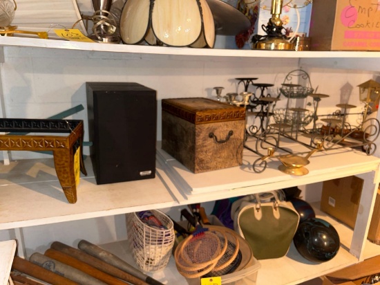 Shelf Level Contents - Candleholders, Wire Frame Decor, Bose Speakers, & Small Decor