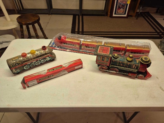 Flying Yankee Steamline Train, 2 Tin Litho Trains, & Express Train Toy