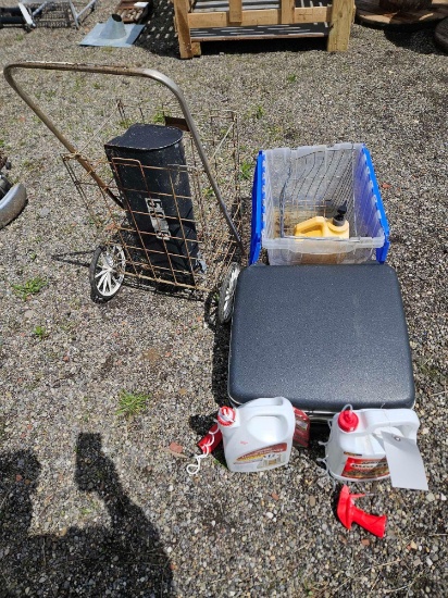 Mailbox, bug spray, cart