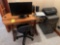 Oak Desk, Chair, Monitor, Printer, File Cabinet