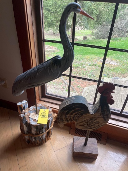 Wood Carved Heron and Rooster