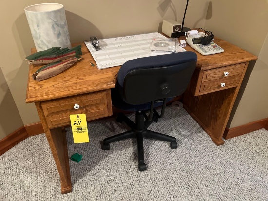 Oak Desk, Chair, Mirror, Office Supplies