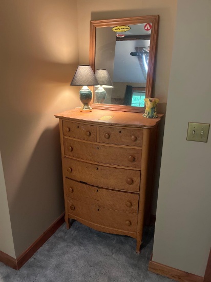 Birds Eye Maple Hi Boy Dresser, Mirror, Lamp