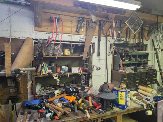 Contents On Bench In Barn, Hand Tools, Drawered Cabinet, Pulleys,