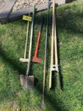 Mull axe, sledge hammer, shovel, spud bar, post hole digger