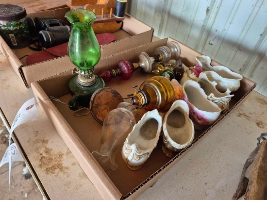 Box of Miniature Oil Lamps & Glass Shoe Dishes