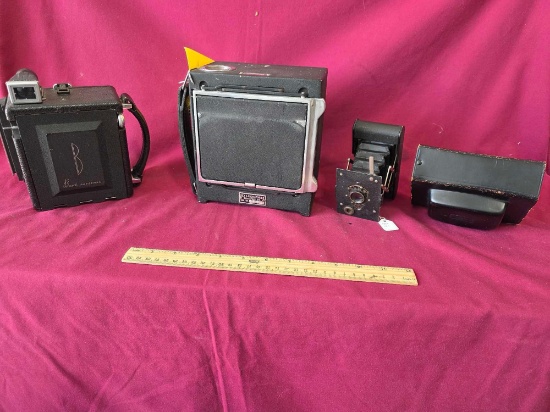 (4) Vintage Cameras Busch Pressman, Zeiss Ikon, Kodak, Rex