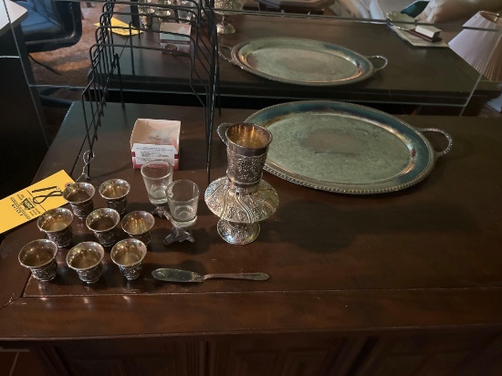 Pewter serving tray with pewter pieces