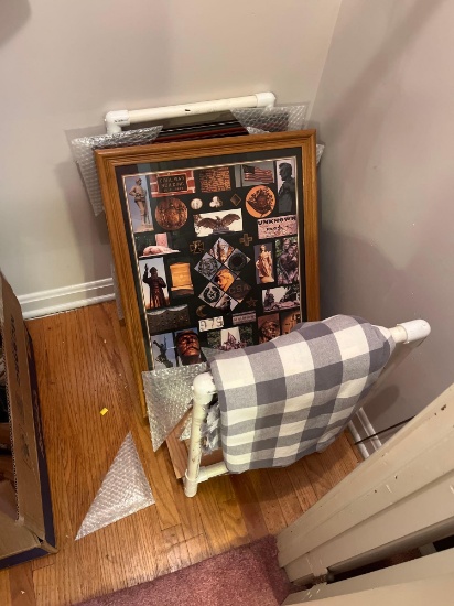 Contents of closet - wall hangings, shoes, hats