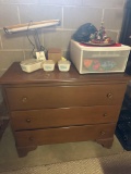 three drawer chest, vintage Pyrex, desk lamp