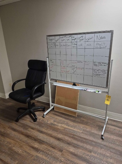 Office Chair, White Board on Rolling Stand, & Cork Board