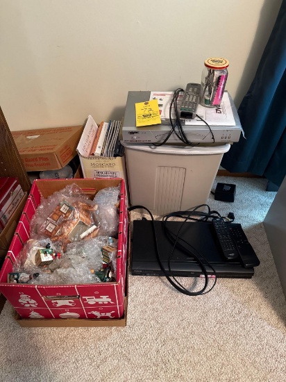 misc lot of office supplies, paper shredder, Christmas glassware, cds, dvd player