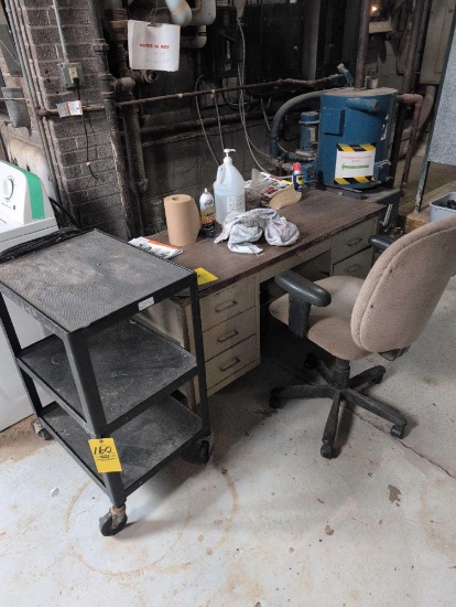AV cart, office chair and metal desk, boiler room