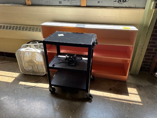 Wood shelf, black cart with electric cord and 3 box fans - 1117