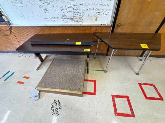 2 tables, platform stand, and roll up projector screen - 1114