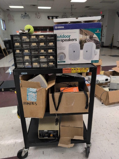 Outdoor speakers, ceiling speakers, voice amplifier, hardware bin, AV cart, room 1201