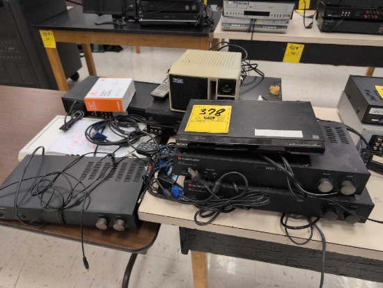 Group of assorted vintage electronics, AudioSource amps, VHs and DVD players6 Epson 3LCD projectors