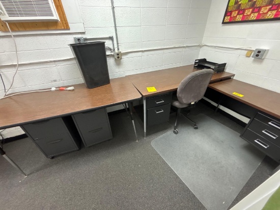 L Shaped Metal Desk, Office Chair, Filing Cabinets, Waste Bin - Room 2301