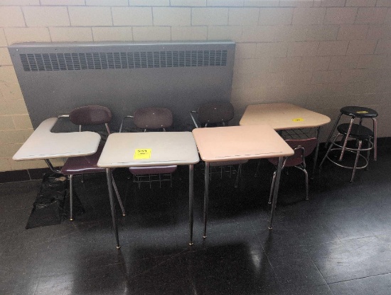 Assorted stools, folding table and student deals, hallway
