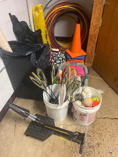 Badminton, jump ropes, cones, hula hoops
