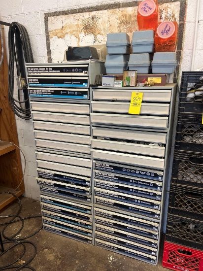 Hardware drawer organizers with assorted hardware on top and in them - maintance garage