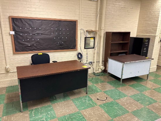 Metal Desks, Office Chairs, Book Shelf, Filing Cabinet, Two Door Cabinet, Waste Bins - Room 1409