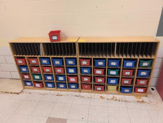 Pair of wood pigeon hole childrens organizer with bins, room 1602